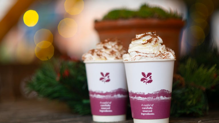 Festive drinks on a bench.